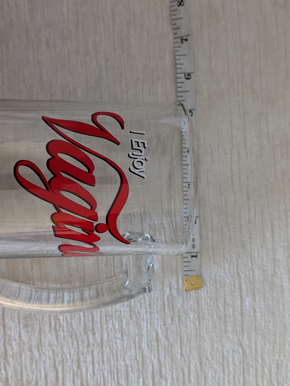 Clear Glass Beer Mug with Red Script Writing Gag Gift Theme Heavy Item 28 Oz